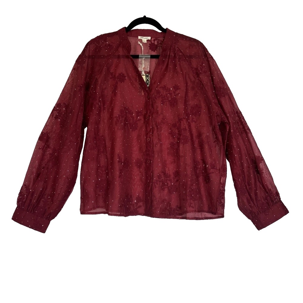NWT Women's XL Burgundy Sheer Whimsical Button Blouse Embroidered Romantic